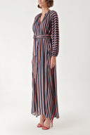 Navy Blue Background Striped Shirt dress with elastic sleeves 94296