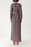Navy Blue Background Striped Shirt dress with elastic sleeves 94296