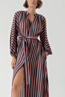 Navy Blue Background Striped Shirt dress with elastic sleeves 94296