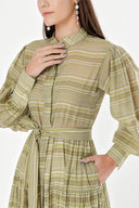 Green Balloon sleeve ruffled shirt dress 94301