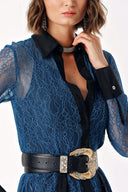 Blue LONG SHIRT DRESS WITH PLEATED LACE 94305