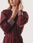 Burgundy Pleated detail cuff with crystal stone loose-fit dress 94310