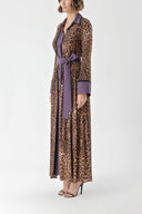 Leopard-Mor İki renkli Büzgülü uzun elbise 94318
