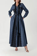 Navy Blue Long denim dress with button and lace detail 94326