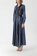 Navy Blue Long denim dress with button and lace detail 94326