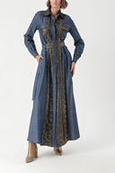 Navy Blue Gold Long denim dress with button and lace detail 94326