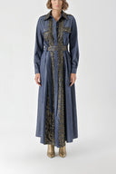Navy Blue Gold Long denim dress with button and lace detail 94326