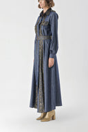 Navy Blue Gold Long denim dress with button and lace detail 94326