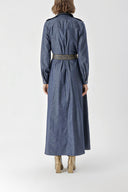 Navy Blue Gold Long denim dress with button and lace detail 94326