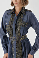 Navy Blue Gold Long denim dress with button and lace detail 94326