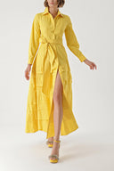 Yellow Long taffeta dress with piece skirt detail 94333