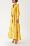 Yellow Long taffeta dress with piece skirt detail 94333