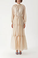 Beige Pleated loose-fitting maxi dress 94343
