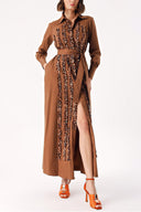 Brown Striped ruffle detail long shirt dress 94352