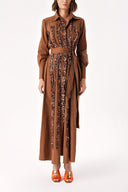 Brown Striped ruffle detail long shirt dress 94352