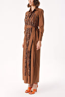 Brown Striped ruffle detail long shirt dress 94352