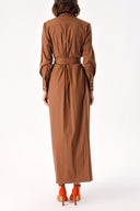 Brown Striped ruffle detail long shirt dress 94352
