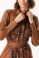 Brown Striped ruffle detail long shirt dress 94352