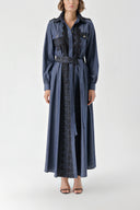 Navy Blue Long denim dress with button and lace detail 94376