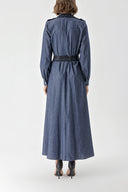 Navy Blue Long denim dress with button and lace detail 94376