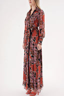 Patterned Belted long shirt dress with piping detail 94381