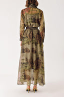 Patterned Gathered and fringed detailed long shirt dress 94404