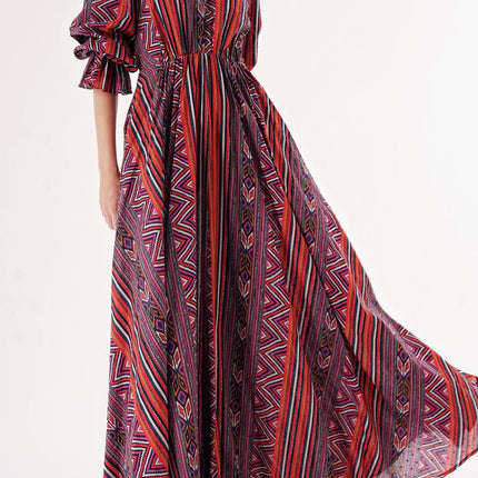Patterned Long dress sitting at the waist with lace detail 94419