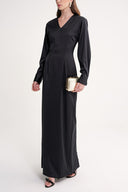 Black Padded shoulder dress featuring an elegant gathered back 94430