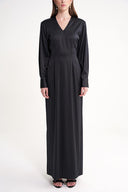 Black Padded shoulder dress featuring an elegant gathered back 94430