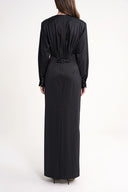 Black Padded shoulder dress featuring an elegant gathered back 94430