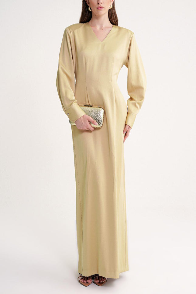 Beige Padded shoulder dress featuring an elegant gathered back 94430