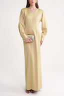 Beige Padded shoulder dress featuring an elegant gathered back 94430