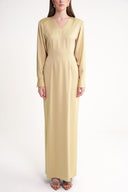 Beige Padded shoulder dress featuring an elegant gathered back 94430