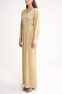 Beige Padded shoulder dress featuring an elegant gathered back 94430
