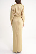 Beige Padded shoulder dress featuring an elegant gathered back 94430