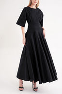 Black Flared sleeve, ribbon-detailed ruffled dress 94434