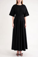 Black Flared sleeve, ribbon-detailed ruffled dress 94434