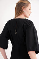 Black Flared sleeve, ribbon-detailed ruffled dress 94434