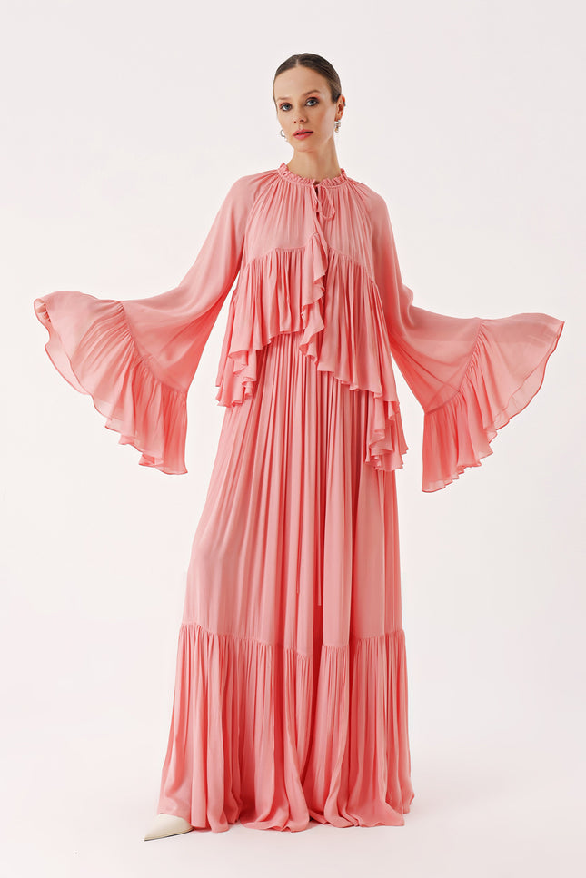 Pink Frilled detail loose-fit ruched long dress 94438