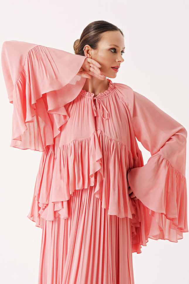 Pink Frilled detail loose-fit ruched long dress 94438