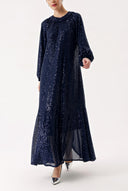 Navy Blue Ruched detail sequined balloon sleeve dress 94468