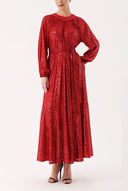 Red Ruched detail sequined balloon sleeve dress 94468