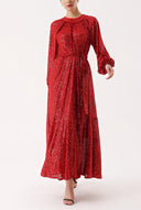 Red Ruched detail sequined balloon sleeve dress 94468