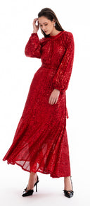 Red Ruched detail sequined balloon sleeve dress 94468