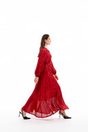 Red Ruched detail sequined balloon sleeve dress 94468