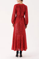 Red Ruched detail sequined balloon sleeve dress 94468