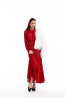 Red Ruched detail sequined balloon sleeve dress 94468