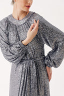 Silver Ruched detail sequined balloon sleeve dress 94468