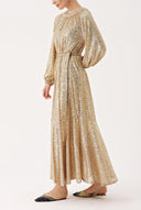 Beige Ruched detail sequined balloon sleeve dress 94468