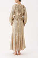 Beige Ruched detail sequined balloon sleeve dress 94468